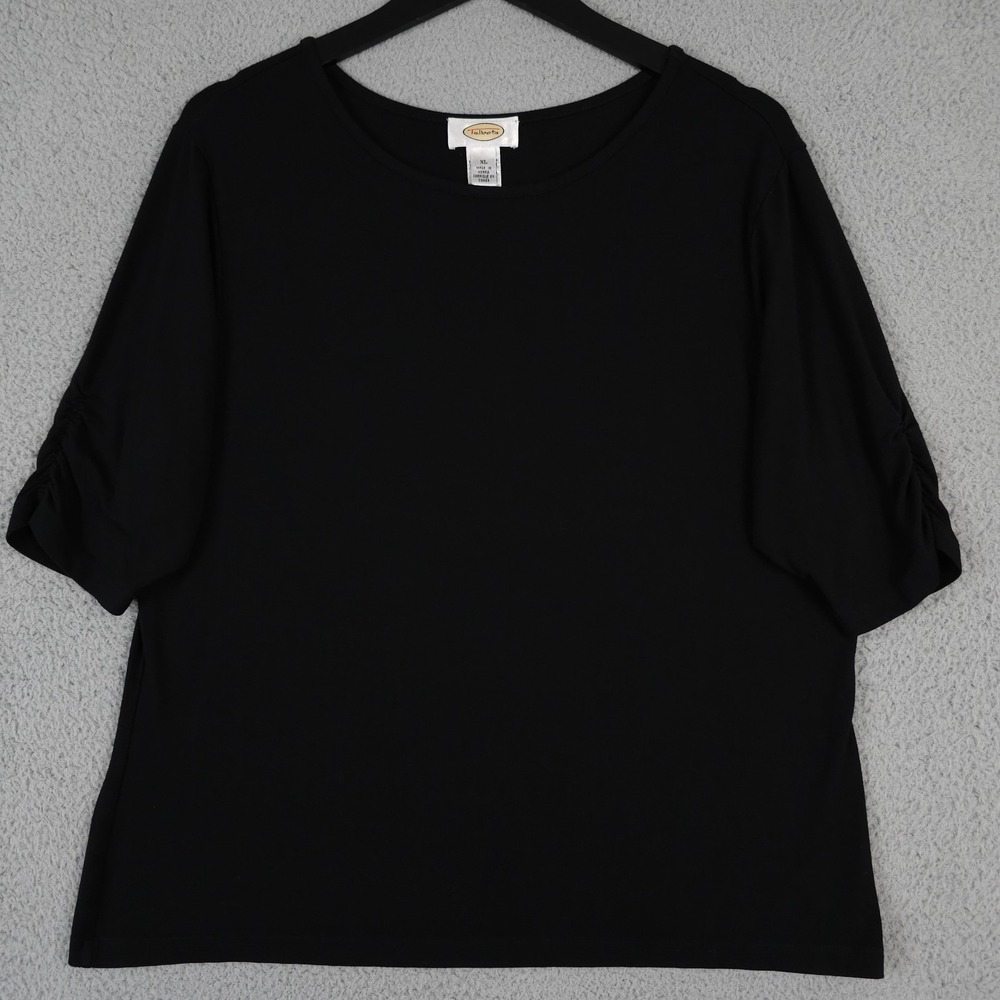 Vintage Talbots Shirt Womens XL Black Ruched Sleeve Round Neck Rayon Top Blouse